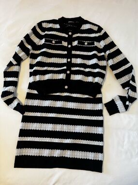 Minnie Rose Black Knit SET With Top and knit mini Skirt with Silver Stitch